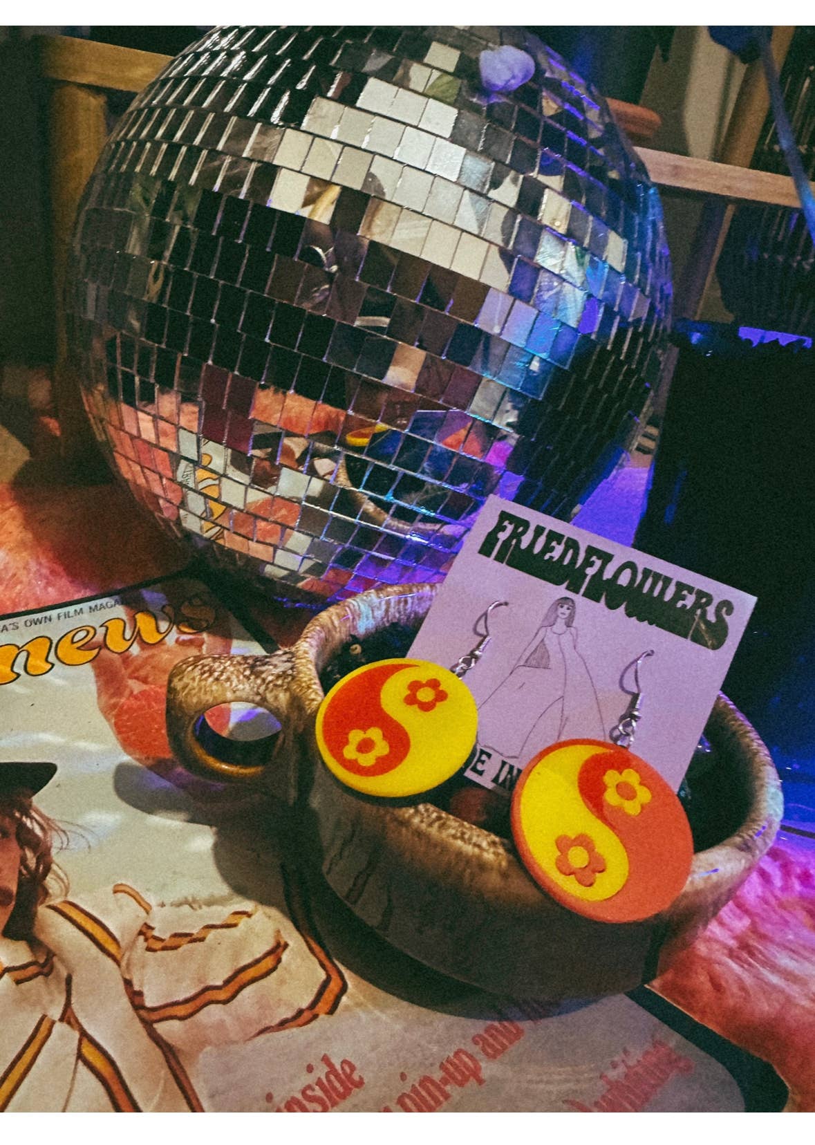 friedflowers - Wholesale Dangle Earrings - Retro inspired flower power Yin and Yang earrings1