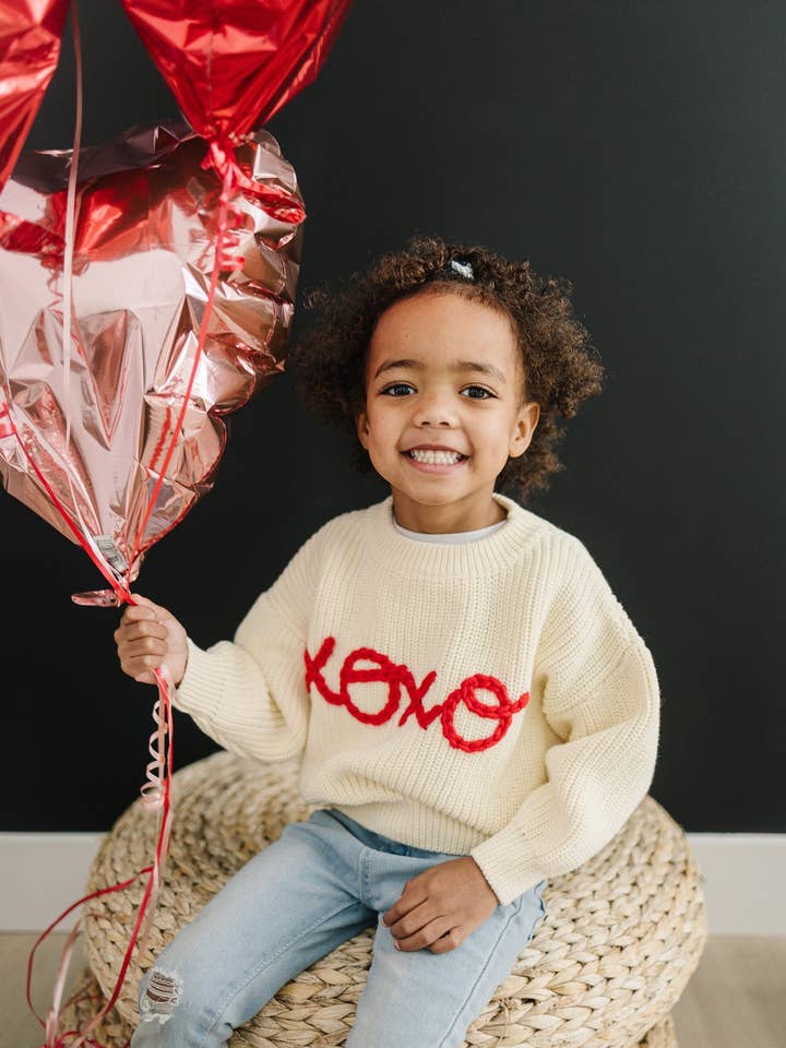 XOXO Hand Embroidered Chunky Knit Sweater for Babies & Toddlers - Valentine's Day Embroidered Baby Sweater - Baby Boy or Girl - Red VDay for wholesale by Little Joy Co.