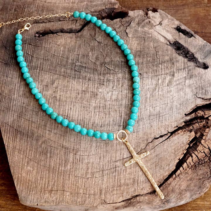 PennyLine inc - Wholesale Beaded/Pearl Necklace - Primitive Cross Necklace Gold Pearl Turquoise Beads