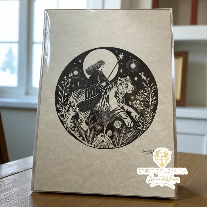 Goddess Durga Tiger Parchment Print, Linocut Style Art Print for wholesale by Spirit of Lemuria