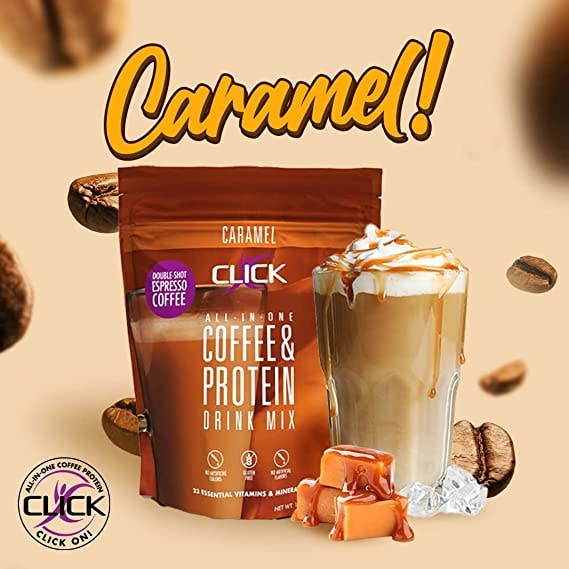 CLICK Coffee Protein Drink - Vente Poudres protéinées/superaliments - Substitut de repas à base de protéines de café CLICK, saveur caramel