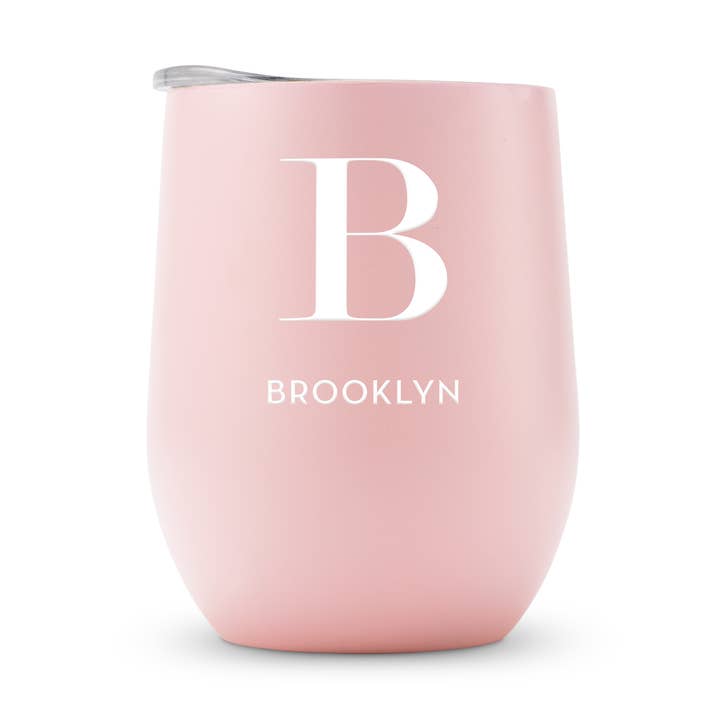 12 oz. Stemless Travel Tumbler - Modern Serif Initial for wholesale by Weddingstar Inc.