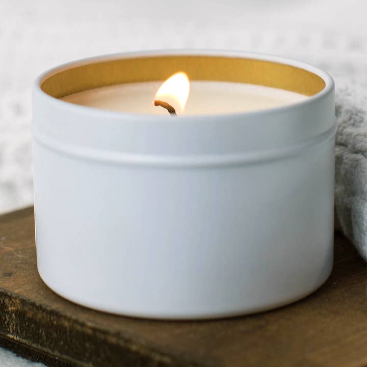 8oz Custom Branded Private Label Soy Wax Travel Tin Candles for wholesale by Light + Bark Candle Co.