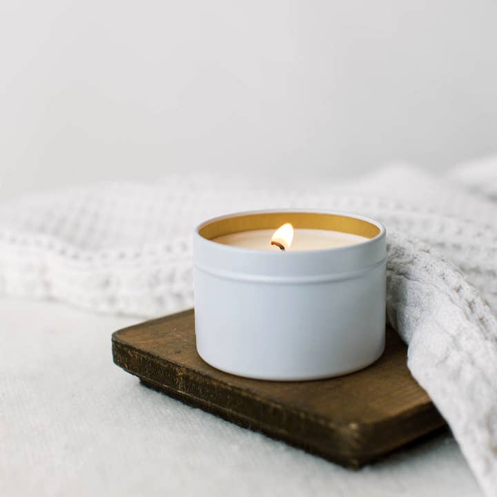 4oz Custom Branded Private Label Soy Wax Travel Tin Candles for wholesale by Light + Bark Candle Co.