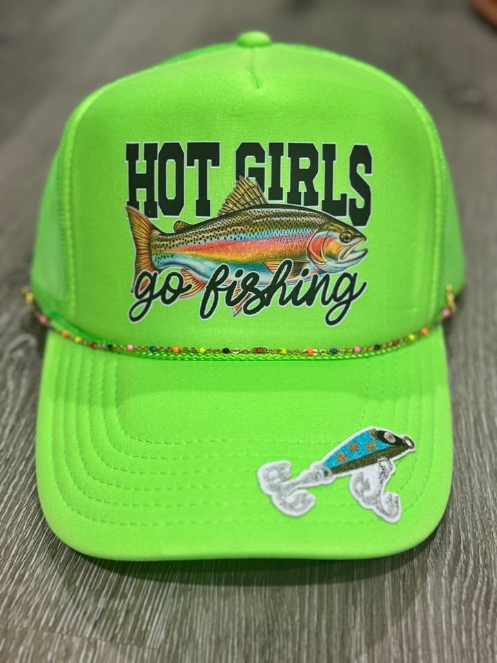 Hot Girls Go Fishing Neon Trucker Hat for wholesale by Patchwrx Customs Hat Bar