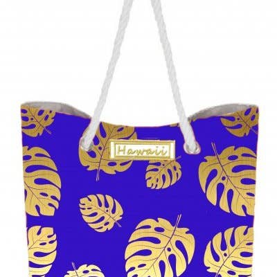 SAC BLEU FEUILLE DE MONSTERA DORÉ AVEC FERMETURE ÉCLAIR pour la vente par Bean & Vanilla