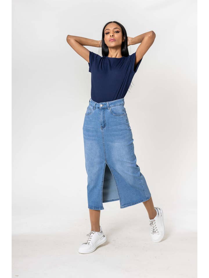 Nina Carter - Wholesale Skirt - Women's - Nina Carter denim jean long skirt with front split front P21513