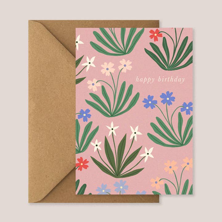 Carte d'anniversaire rose Prairie de fleurs pour la vente par Kiran Ravilious