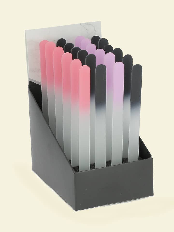 Display of 24 glass files for wholesale by JCH BEAUTY ACCESS