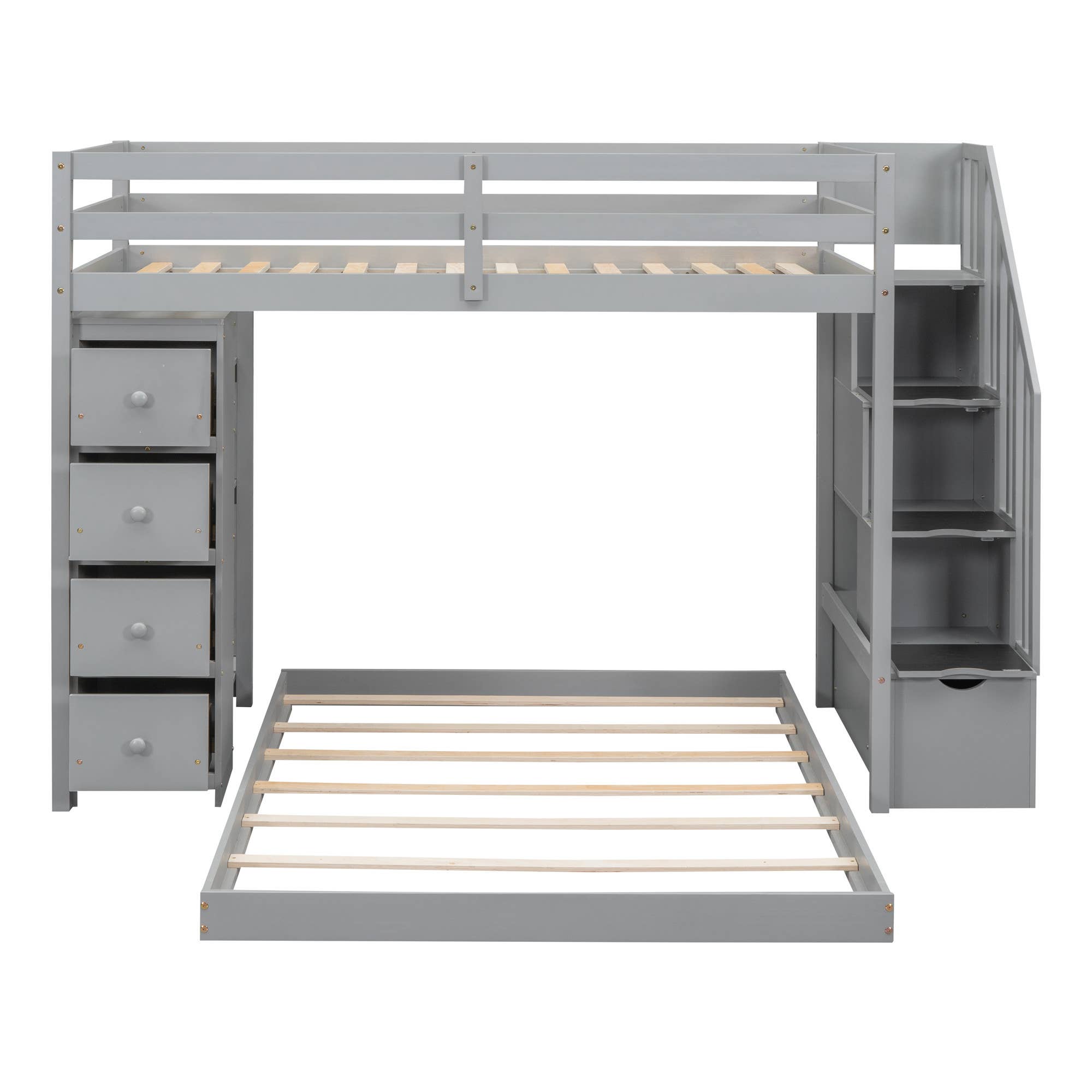 HomeRoots - Wholesale Bed - Gray Twin Over Full Wood Bunk Bed With Stairs And Drawers And Storage4