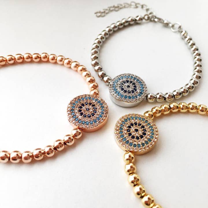 Pulsera con cuentas de mal de ojo, Pulsera de plata de oro rosa, Pulsera de circonitas para venta al por mayor de Evileyefavor