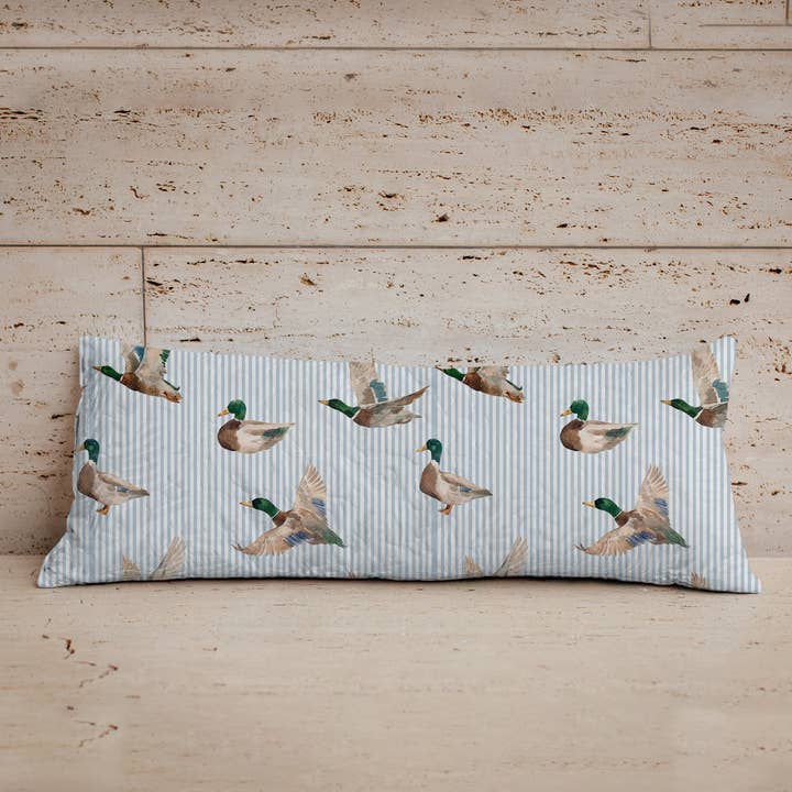 Mallory Ducks Blue Quilted Oblong 14" x33" Pillow for wholesale by Ida Mae Home