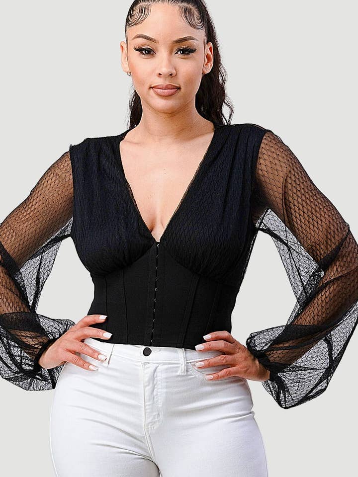 LUXE V-NECK SEE-THRU MESH CONTRAST CORSET TOP for wholesale by PRIVY