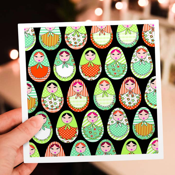 3dRose - Wholesale Everyday greeting card - 3dRose, Cute Russian Matryoshka Nesting Dolls Print - Warm Colors Black, Greeting Card5