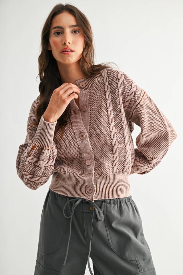 Camellia - Wholesale Cardigan - Women's - CW10019E WASHED BLENDED BROWN CABLE KNIT CARDIGAN44