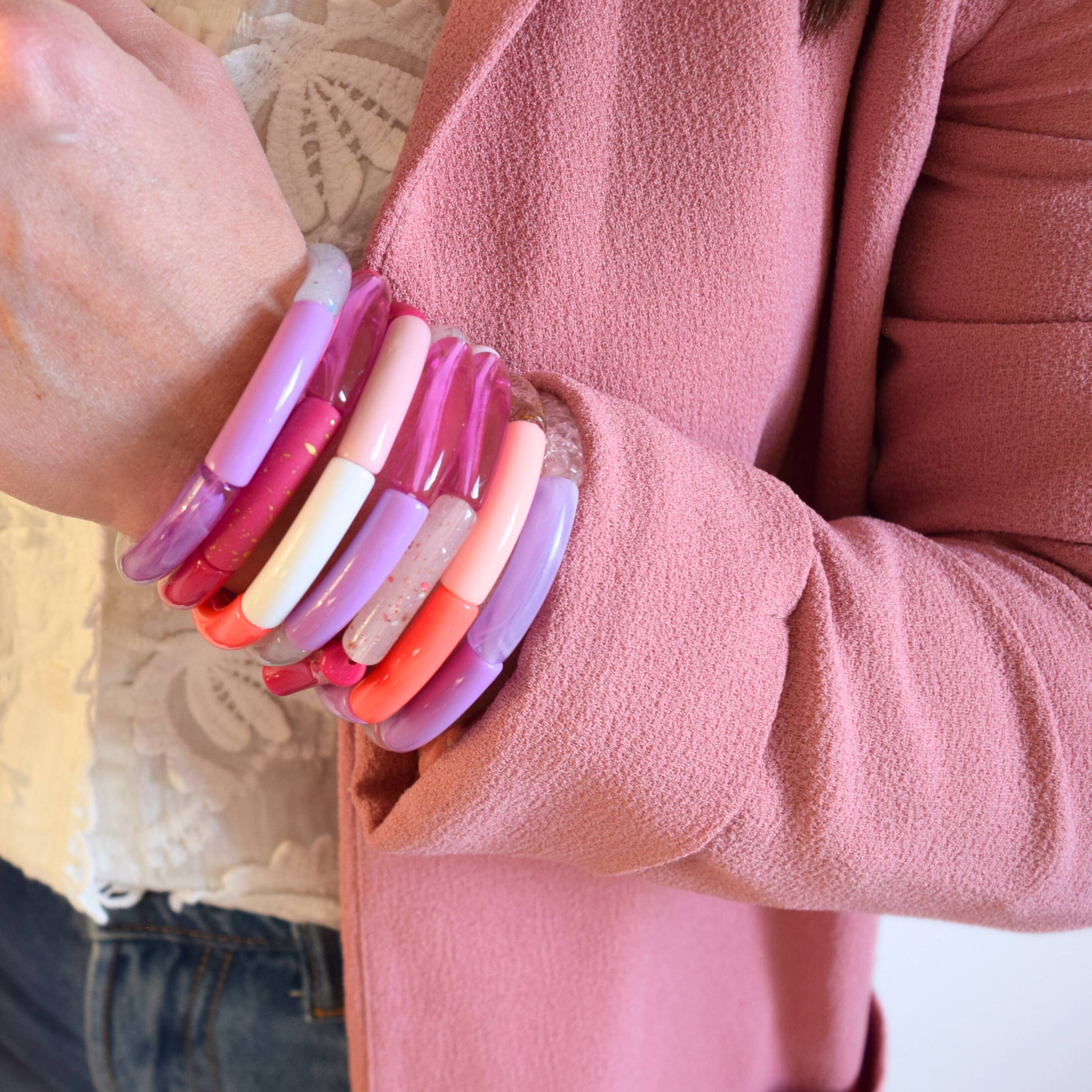 Manacreations - Wholesale Beaded Bracelet - Elastic bangle bracelets in pink and mauve tones14