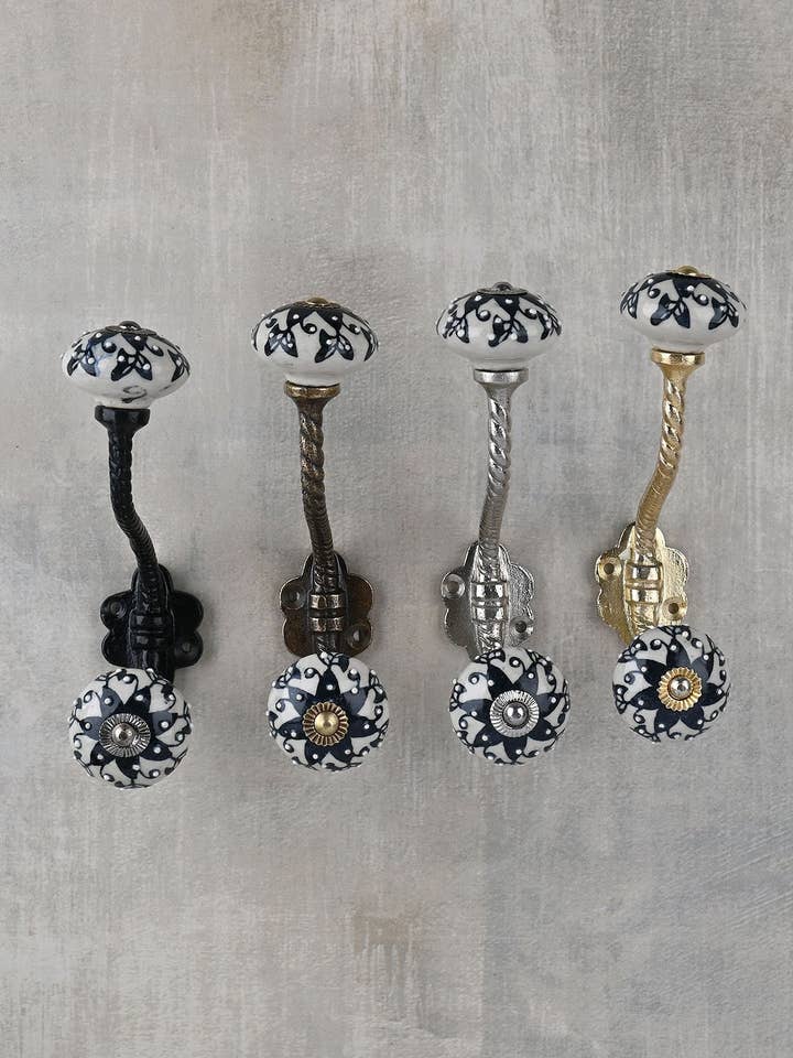 Black Floral Design Handmade Ceramic Wall Hook |Vintage Wall Hooks| Coat Hook |Metal Wall Hooks |Furniture Hardware Hooks| Bath Hooks for wholesale by KNOBCO