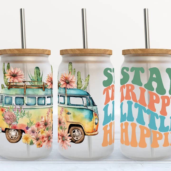 Stay Trippy Little Hippie 16oz Frosted Libbey Glass Tumbler for wholesale by Kate Haven Glass Tumblers for Every Occasion