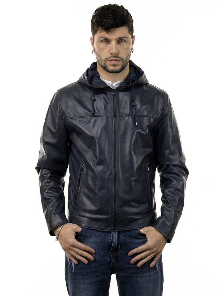 Terminator - Chaqueta azul con capucha para hombre en piel de vacuno para venta al por mayor de Michelangelo srls