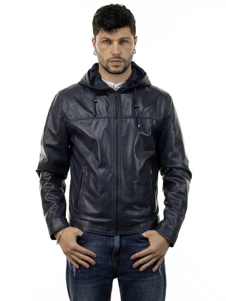 Terminator - Blaue Herrenjacke mit Kapuze aus Rindsleder für den Großhandel von Michelangelo srls