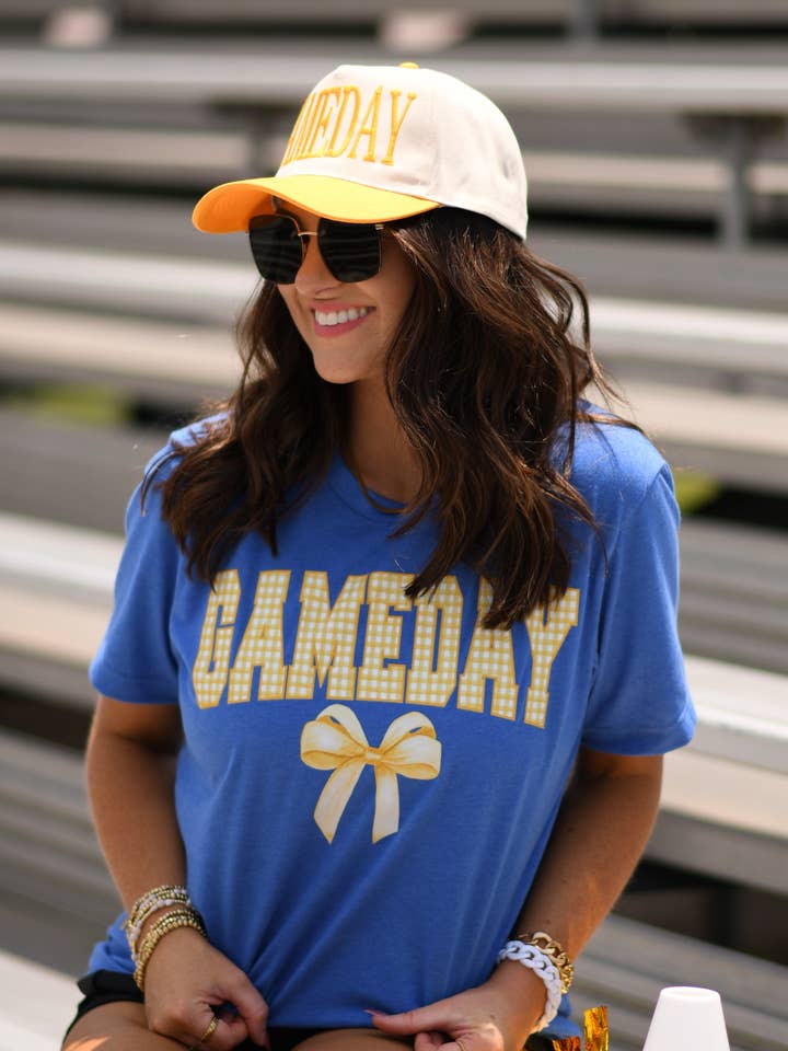 Game Day Gingham Bow Royal Tee for wholesale by P&PD Wholesale