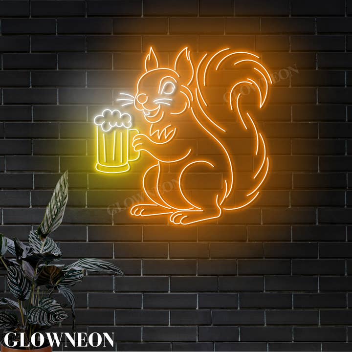 Glow Neon - Wholesale Neon Sign - Squirrel Drinking Beer Neon Sign, Bar Pub Wall Art Led Light