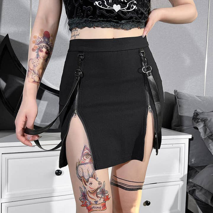 black Dark Punk Goth Double Zip Slit Skirt for Women for wholesale on Faire