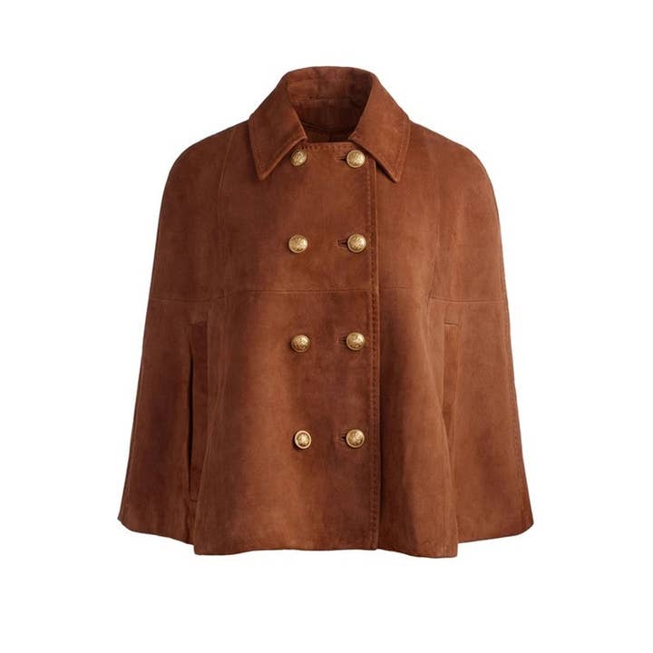 COFFEE Vintage Loose Double Row Metal Button Cape Coat for wholesale on Faire3