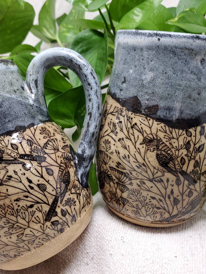 Birds & branches mug for wholesale by Turtle Hollow Pottery