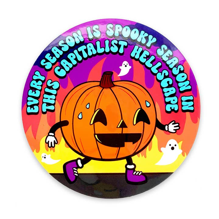 Autocollant en vinyle Spooky Season Capitalist Hellscape Pumpkin pour la vente par Krystan Saint Cat