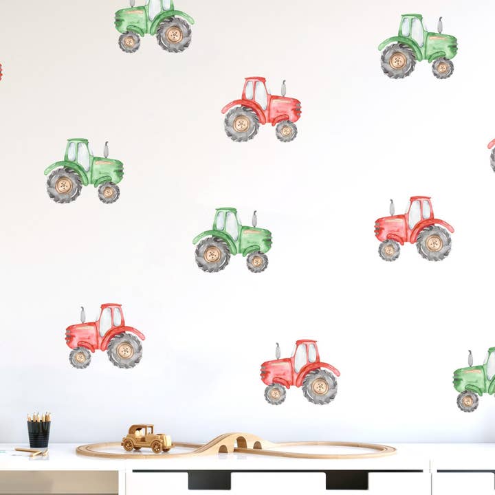 Autocollants Muraux Tracteur, Décalcomanies Murales Aquarelle pour Chambre d'Enfant, Décor de Salle de Jeux Tracteur de Ferme, Art Mural Véhicule pour Chambre d'Enfant, Décor Tracteur Rouge et Vert pour la vente par Decals Online