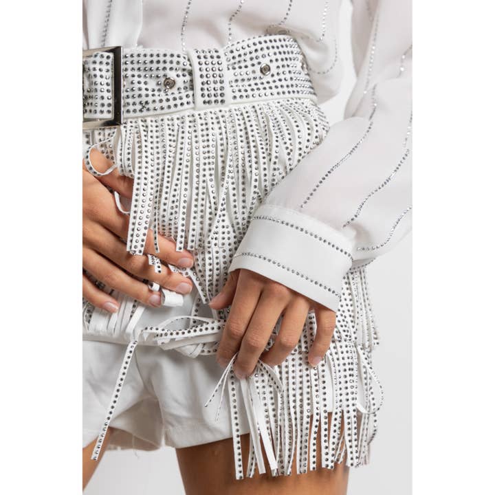 KIWI - Vente Jupe-short – femme - Jupe-culotte western en suédine avec franges et strass gris anthracite13