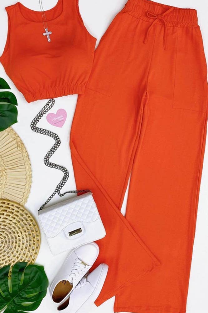 UNISHE - Wholesale Top & Pant Set (NOT Loungewear) - Women's - High Waist Pants and Crop Top Plain 2pcs Set ZZKF9521