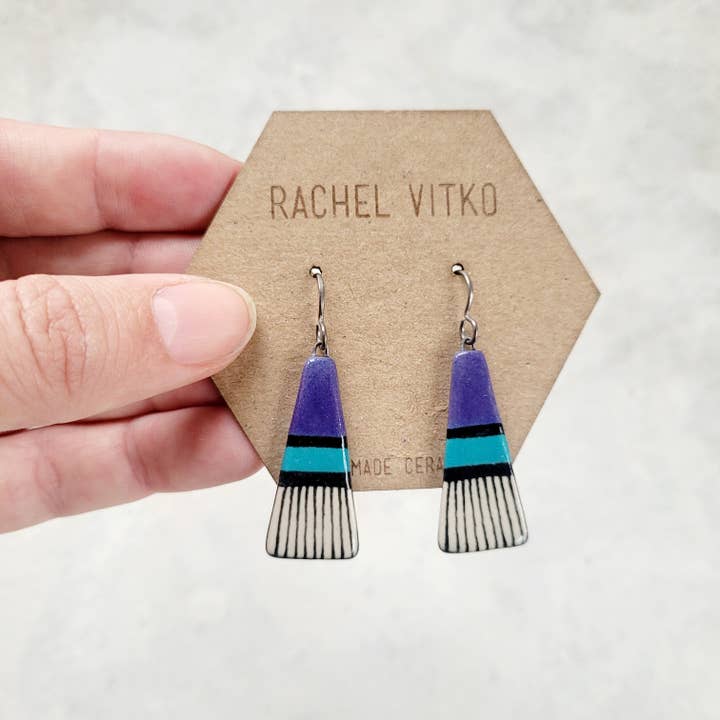 Hand painted (ON BOTH SIDES) ceramic dangle earrings. for wholesale by Rachel Vitko Pottery