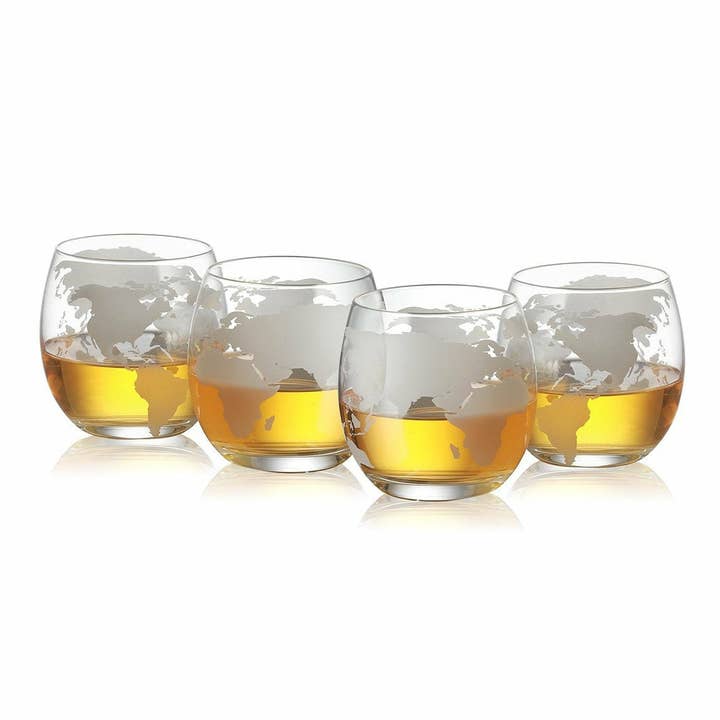 The Wine Savant / Khen Glassware - Wholesale Cocktail/Liquor Glass - Etched World Globe Glasses 10 oz -Set of 4