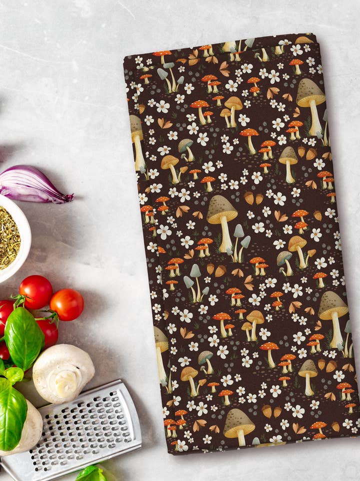 Tea Towel - Mushroom Medley - Brown - 19 x 27” for wholesale by Roxy Lane Design