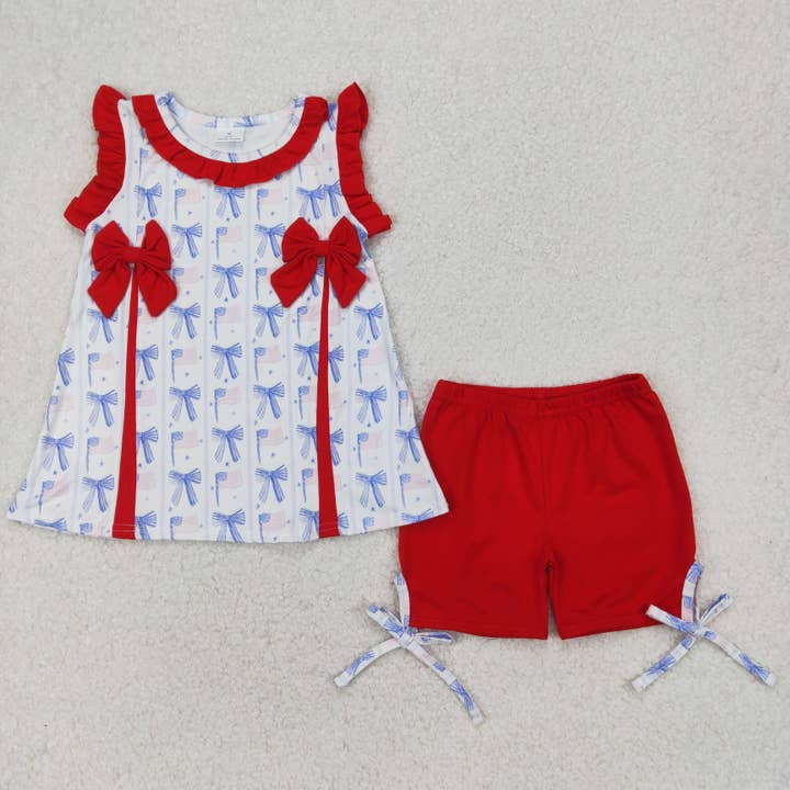 Aier Wholesale - Wholesale Top & Short Set - Kids - Baby Girls Red Blue Bows Flags Tunic Ruffle Shorts 4th Of July Set