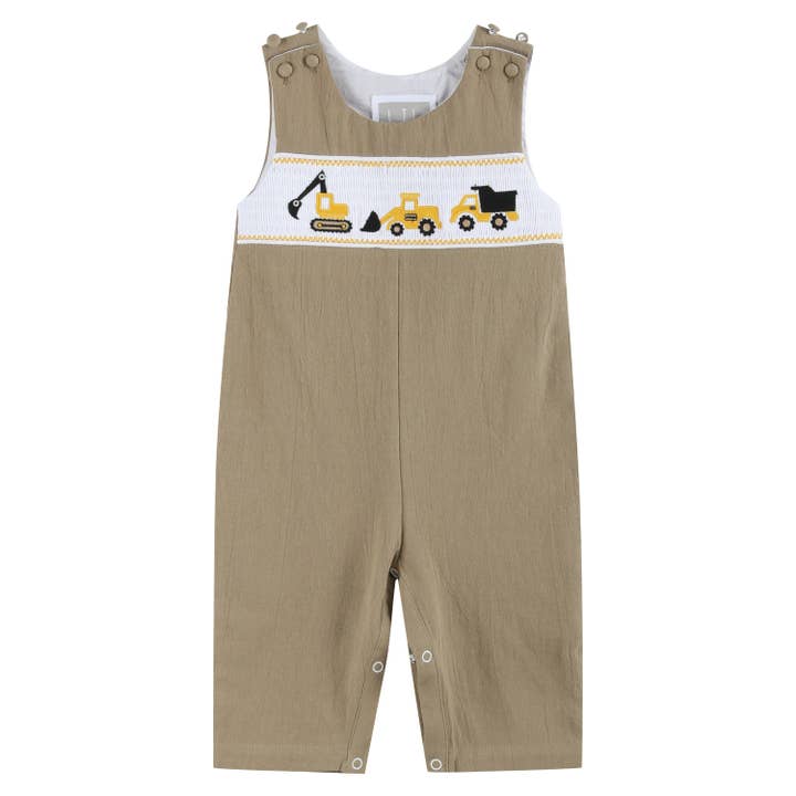 Salopette smockée marron Construction pour la vente par Lil Cactus