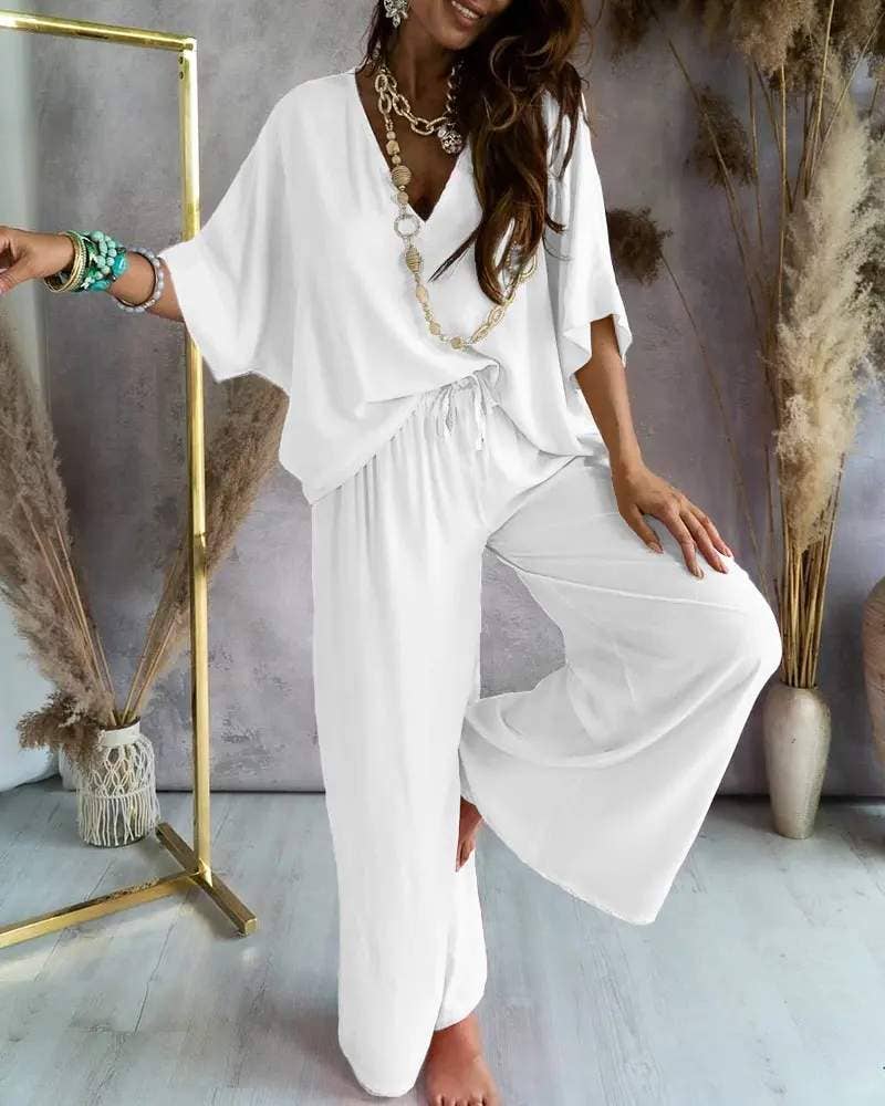 Fashion Combination - Vente Ensemble haut et jupe - Femme - Ensemble de pantalons décontractés à col en V et manches chauve-souris8