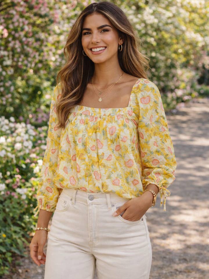 Sunflower Print Sqaure Neck Tie Sleeve Blouse
for wholesale by Pine Apparel