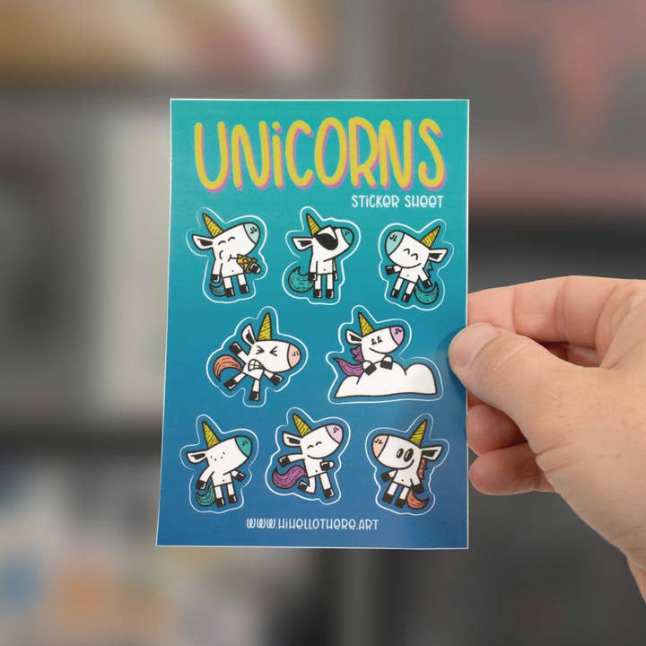 Silly Unicorns Sticker Sheet - 8 Hand-Drawn Unicorn Decals for wholesale by Hi, Hello There