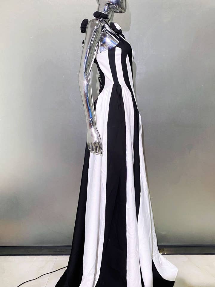 DR411 Deep V Black & White Striped Dress with Floral Accents for wholesale on Faire4