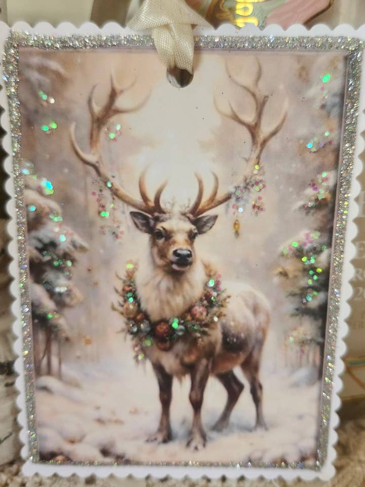 Christmas Gift Tag Gorgeous Deer n Wreath Glitter for wholesale by Little Heart Designs