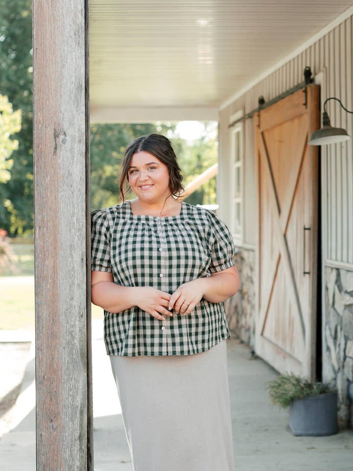 Light Tan 'Sadie' Green Gingham Short Sleeve Blouse for wholesale on Faire9
