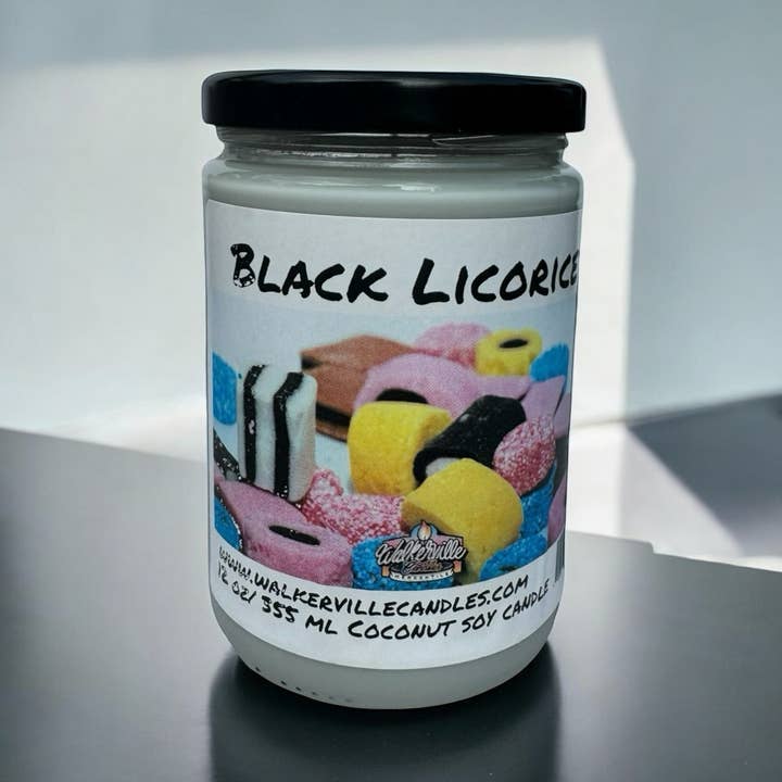 Candela ecologica da 12 oz al cocco e soia al gusto di liquirizia nera per la vendita all'ingrosso da parte di Walkerville Candles