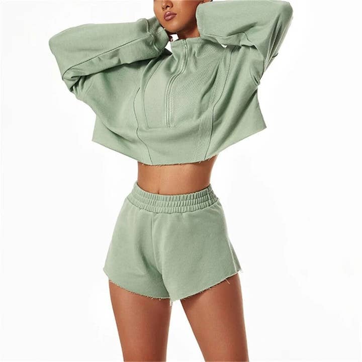 FurDecoration – wholesale Lounge set – Women's – Zip-Up Collar Sweatshirt Shorts Set