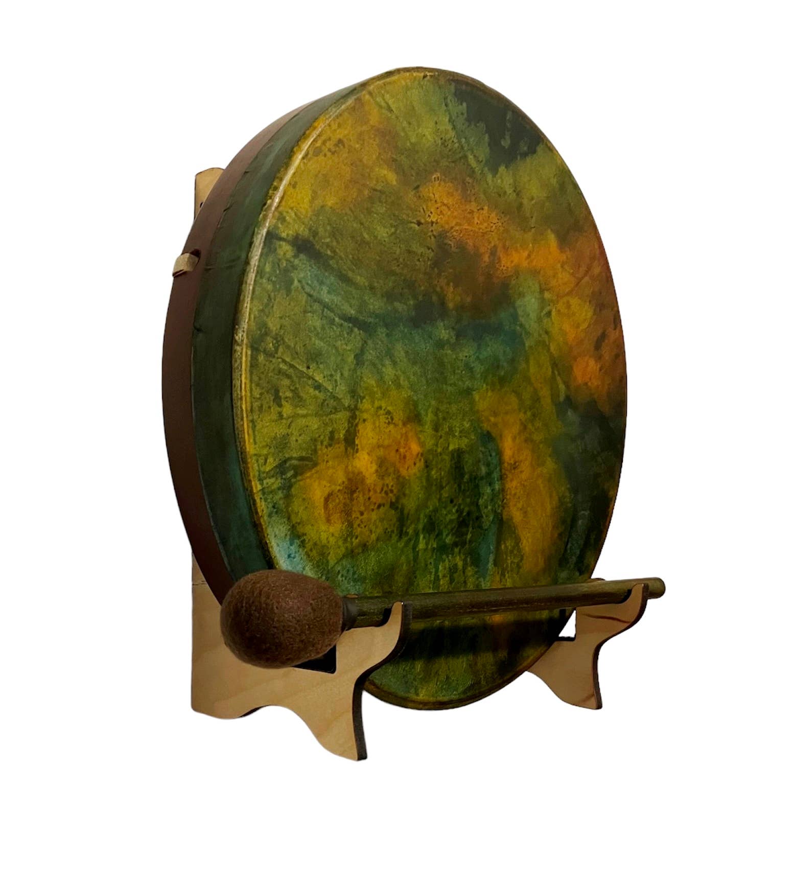 inRhythm - Vente Sculpture - Tambour Chamanique Green Earth avec support d'exposition et options de sac de transport11