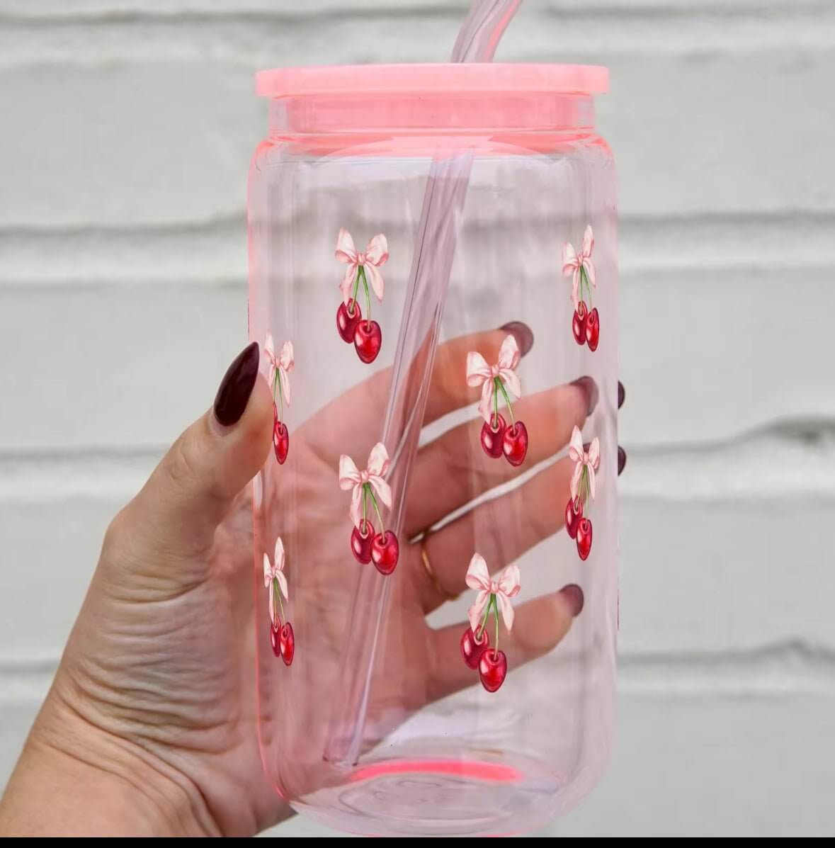 Sip-Sip Hooray! - Venta al por mayor Vaso/copa - Lata Vintage Cherry Bows de vidrio de 16 oz con tapa y pajita2