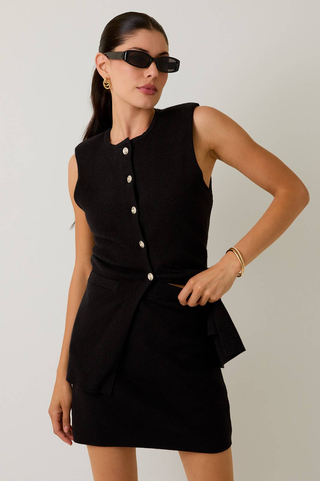 Black POWER SHOULDER BUTTON UP KNIT VEST & SWEATER SKORT for wholesale on Faire
