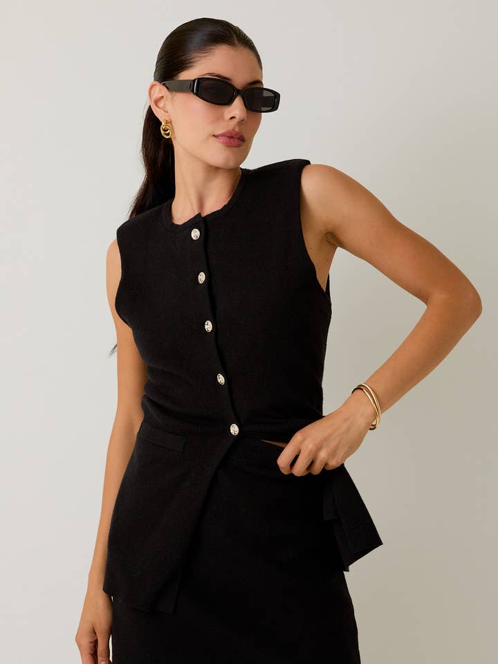 Black POWER SHOULDER BUTTON UP KNIT VEST & SWEATER SKORT for wholesale on Faire0